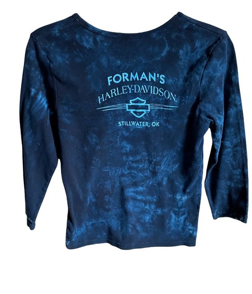 Vintage Harley Davidson 01 Women Long Sleeve TShirt Blue Tye Dye Stillwater SZ L - Picture 2 of 7